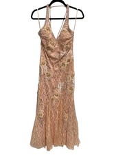 Y2K Sue Wong Nocturne Gown Size 6 Silk Floral Satin Embellished Halter Peach Lac