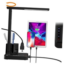 LED Desk Lamp with 2 USB Charging Ports,1 AC Outlet,2 Pen Holders,3 Black