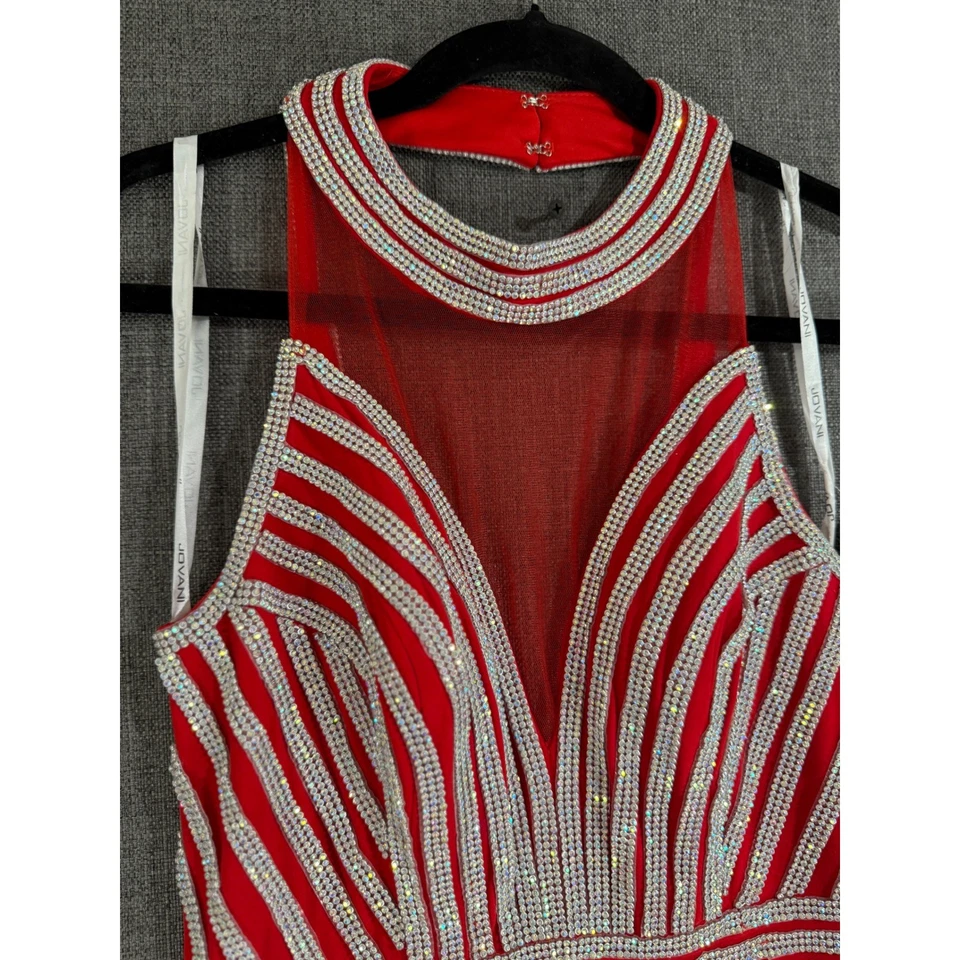 JOVANI Red Sequin Beaded Halter Neck Prom Formal Gown Dress - Image 4 of 4