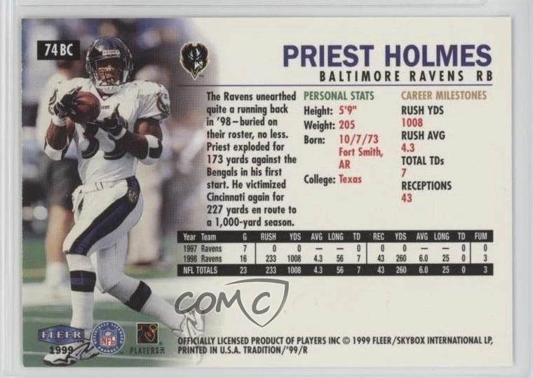 1999 Fleer Tradition Blitz Collection Priest Holmes #74BC - Image 2 of 2