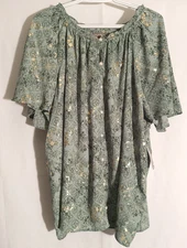 Style Co-NWT-Green Gold Geo Short Flutter Sleeve Button Top Blouse-4X