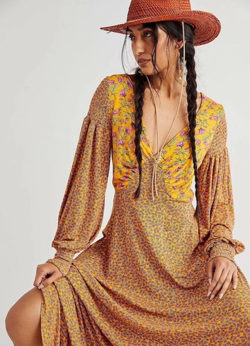 NWT FREE PEOPLE Sz XS LOVE STORY MAXI DRESS MIXED FLORAL PRINT LONG SLEEVE GOLD - Picture 2 of 4