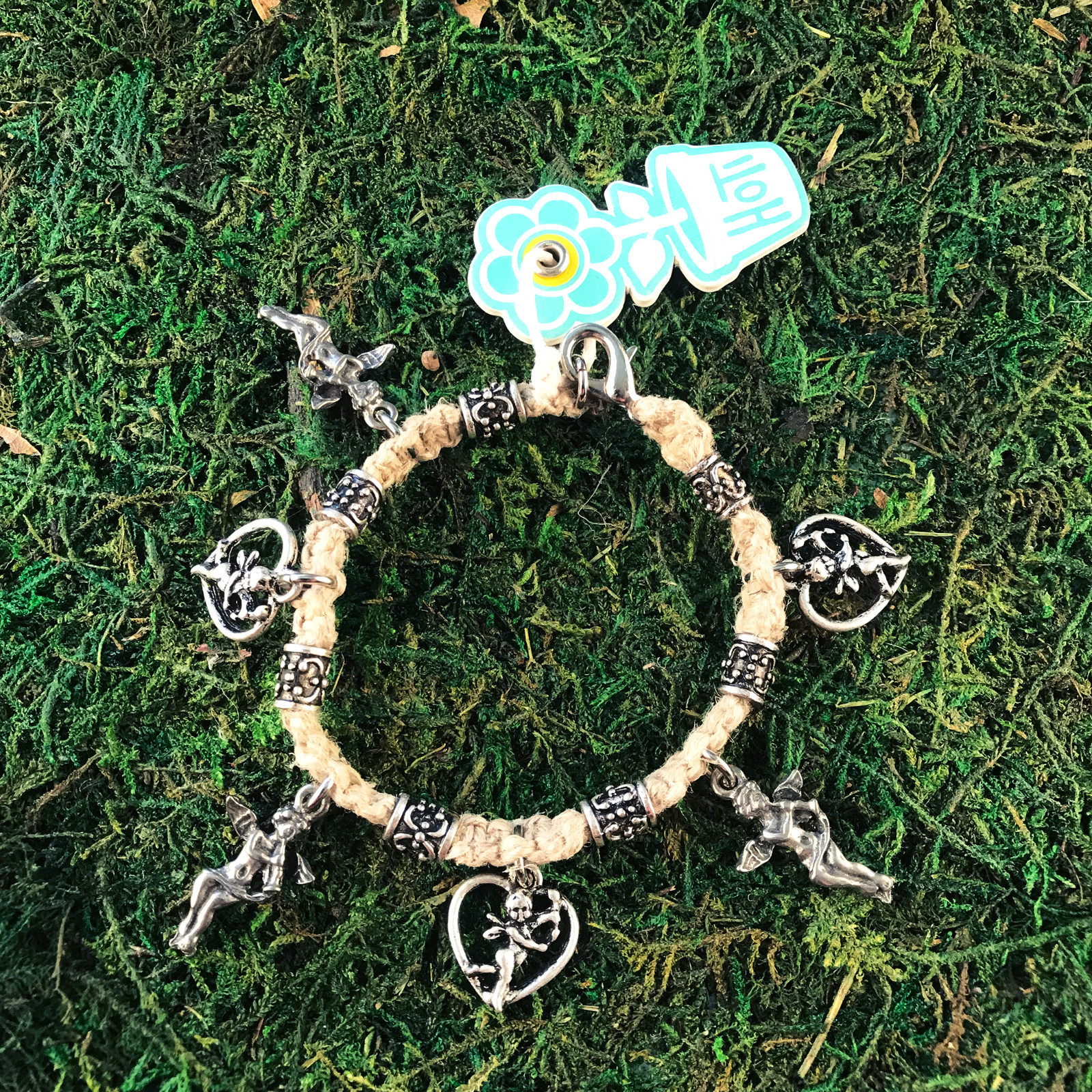 HOTI Natural Hemp Handmade Angel Charm Bracelet Heart Love Rocks Cupid Metal NWT