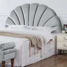 Stunning Crown Design King Headboard, Upholstered Soft Velvet Petal Pattern Head