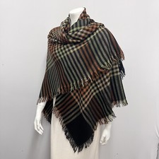 Vintage Scarf Wrap Shawl Plaid With Fringes Black Orange Beige Green 53" x 53"