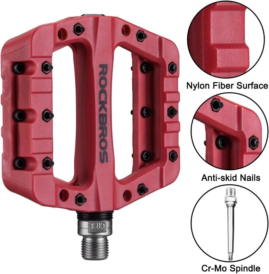 RockBros Plataforma Plana Nylon CrMo Pedal Bicicleta de Montaña Pedales Bicicleta 9/16" Rojo Foto 3 de 4