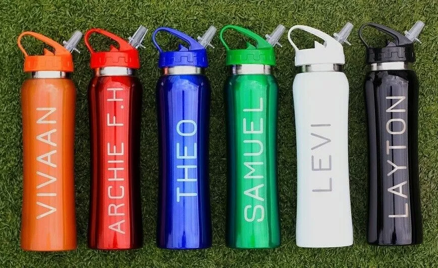 Personalised Water Bottle with Flip Top Straw 800ml Kids School Metal  Drinks Cup