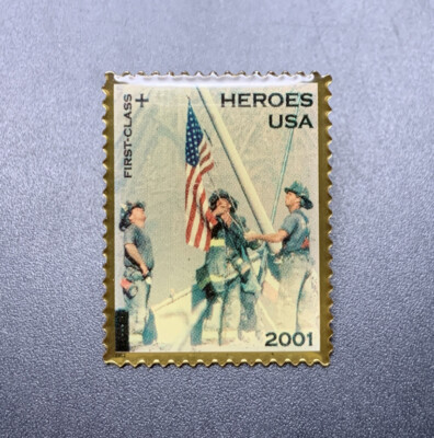 Heroes USA First Class Stamp Commemorative Pin 911 Ground Zero Firemen Flag