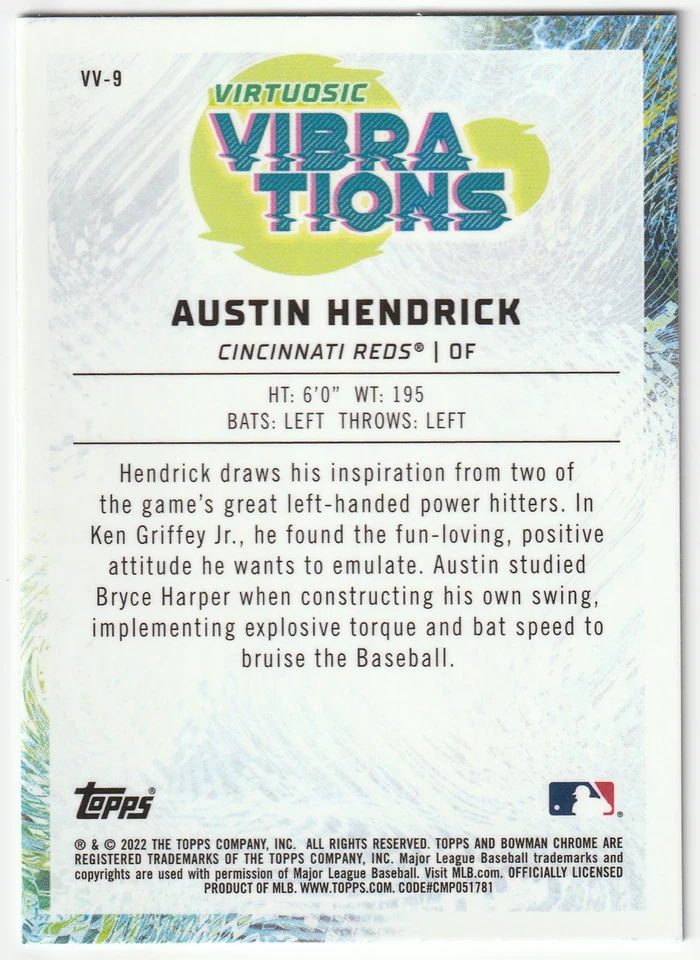 Austin Hendrick 2022 Bowman Chrome Virtuosic Vibrations #VV-9 Reds Prospect (A) - Image 2 of 2