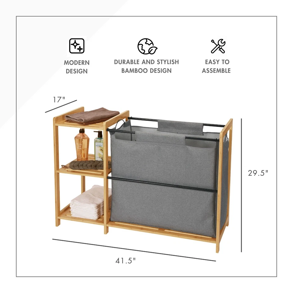 Bamboo Laundry Hamper W/ Shelves Bathroom Cabinet Organizer 3 Tier Shelf Rack - Image 4 of 4