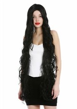 Perücke Damen super lang Rapunzel leicht gelockt gewellt Mittelscheitel Schwarz