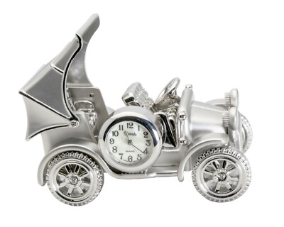 XANADU: SILVER COLOR OLD ANTIQUE STYLE CAR METAL CASE ROUND  MINI CLOCK  