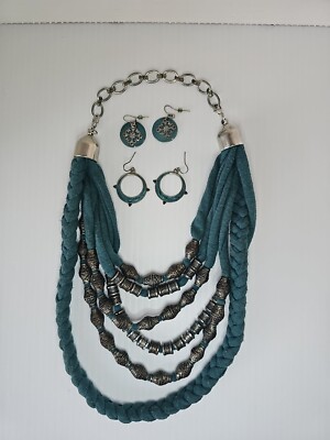 Boho Multistrand Cotton Teal Necklace With Gun Barrel Beads And