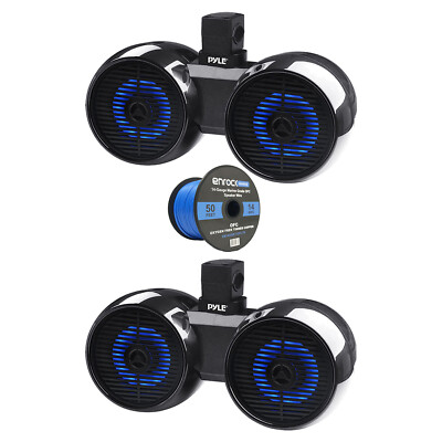 Pair of Pyle 8'' 300W 2-Way Marine Bluetooth LED Dual Tower Black Speakers w/Wire