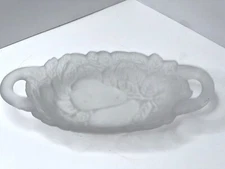 Vintage INDIANA Glass Frosted Embossed Avocado Handled 9 In. Oval Relish Dish