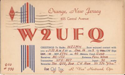 Orange, NEW JERSEY - W2UFQ - HAM / AMATURE RADIO - 1949
