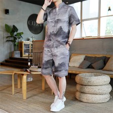 Men Summer Outfit 2-Piece Set Short Sleeve Shirt and Shorts Sweatsuit Set