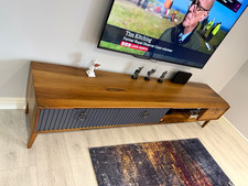 Wood TV Stand, Grey Ribbed Doors, Open Shelf, 3 Door, Assembled 50-80in