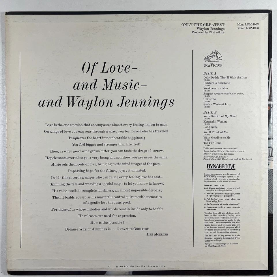 Waylon Jennings “Only The Greatest” LP/RCA Victor LSP-4023 (EX) 1968 - Image 2 of 4