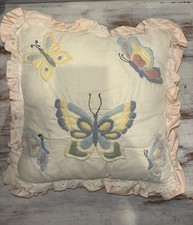 Vintage Hand Embroidered Throw Pillow, 14 x 14, Laced Edge Butterflies Pattern