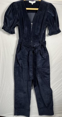 Sofie The Label Blue Striped Corduroy Belted Puff Sleeve Jumpsuit Pockets Sz S
