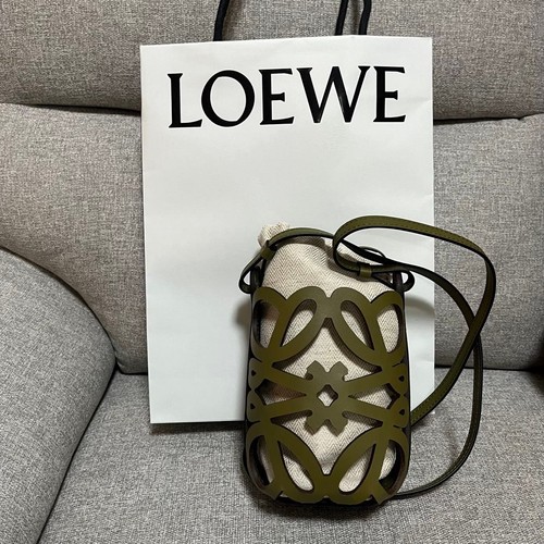 LOEWE Loewe Anagram Cutout Pocket Khaki Shoulder Bag Leather
