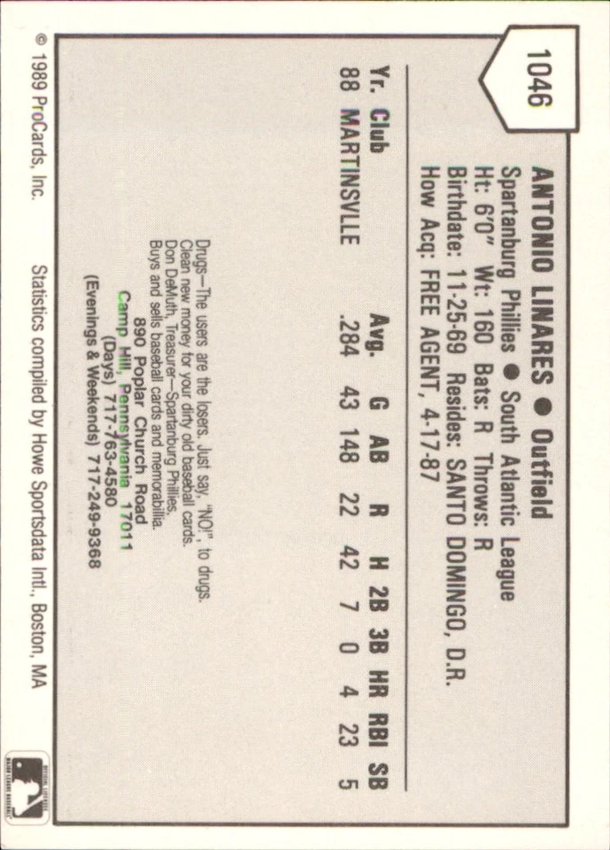 Antonio Linares 1989 ProCards Minor League T/S #1046 RC Spartanburg Phillies ** - Image 2 of 2