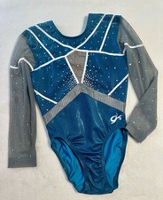 GK ELITE Leotard Gymnastics COMPETITION RHINESTONE BLING Teal Gray USA Size: AXS