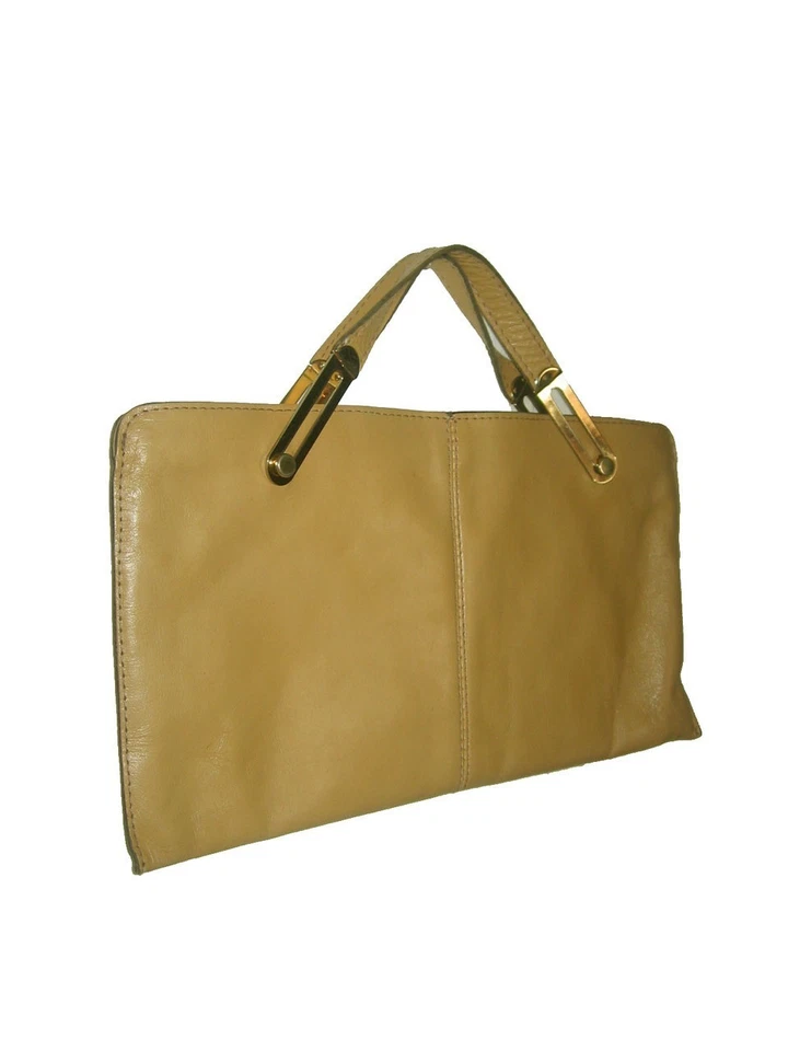 Bolso de mano grande de cuero con asa dorada beige raro de colección con cremallera Foto 3 de 4