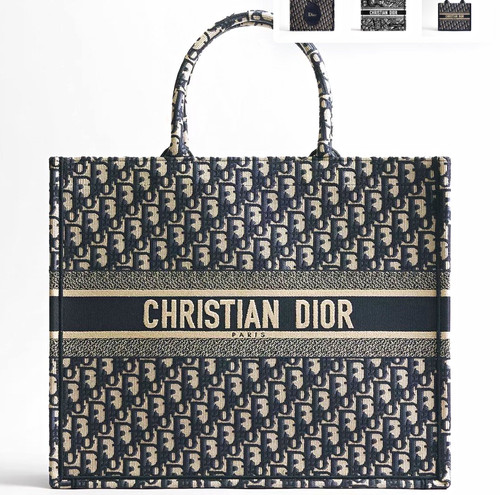 Dior Book Tote Oblique Monogram Navy/Beige Embroidered Logo Double Handles