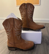 Rollda Kids Square Toe Unisex Sturdy Cowboy Boots Color Brown - US Kids Size 11