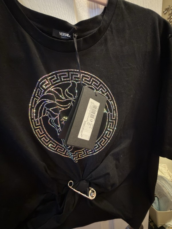 Versace Medusa Rhinestone Logo Black Crew Neck Short Sleeve T-Shirt Size 48