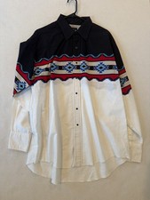 Vintage Wrangler Rustler Western Shirt Pearl Snap Cowboy Aztec 90s Navy Size XL