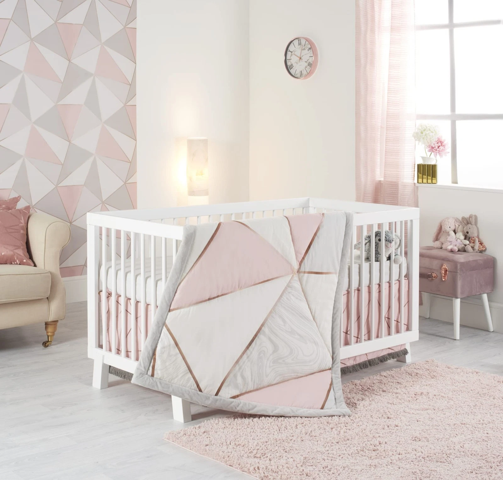 Crib Bedding Set for Girls 4-Piece Nursery Geometric Rose Gold Pink Marble