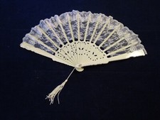 Vintage Folding Hand Fan with real Ivory Lace open size 16.5x9" Mint in Box B115
