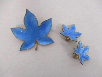 BRODRENE BJORKLUND STERLING ENAMEL LEAF BROOCH & EARRINGS ~SIGNED BRD. B DENMARK