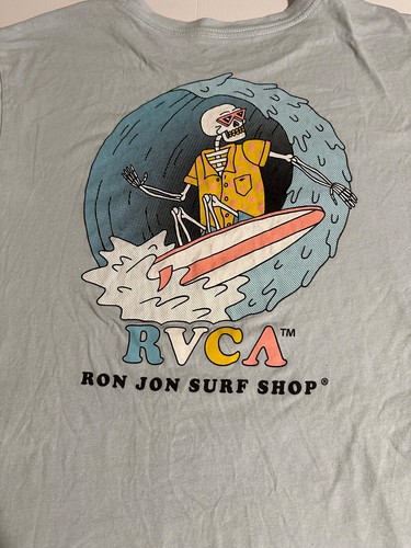 RVCA Ron Jon Surf Shop Luke P T Shirt Blue Stain-lower left front. XXL - Picture 6 of 6