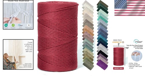 Thick 4mm Berry Red Macrame Rope - 1640 ft Sustainable Crafting Supplies - Picture 2 of 10