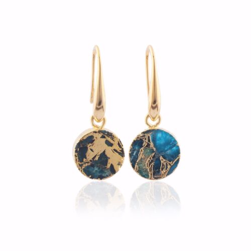 Tiny Round Shape Mohave Copper Apatite Turquoise Gold Plated Drop Hook Earrings - Picture 1 of 3