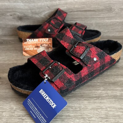Birkenstock Arizona Rivet Plaid Red Black Shearling Regular Size 44 NWB 