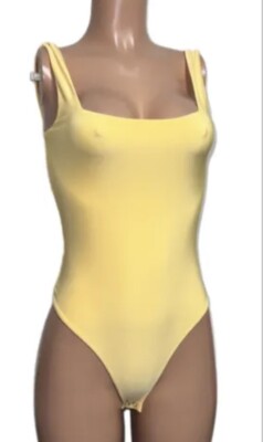 Sexy Yellow Bodysuit Square Neck Stretchy Casual Party Beach Spring Break New M