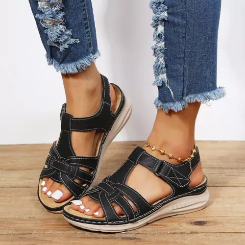 Sandalias de cuña ortopédicas informales de verano para damas Zapatos cómodos con punta abierta plana - Imagen 14 de 22