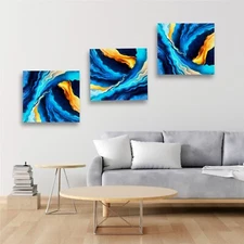 Triptych with bright blue and gold abstract lines for the interior.Canvas Print.