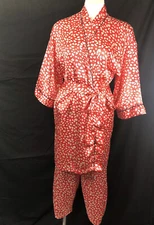 Kathryn Coral Orange Print Navy Piping Satiny Belted Kimono Robe & Capri Pajamas