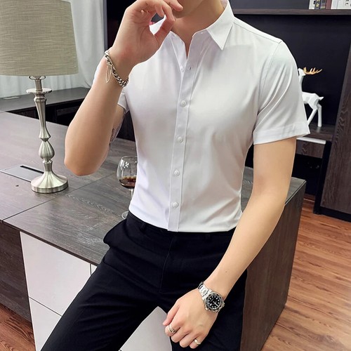 Mens Shirts Short Sleeve Business Casual Solid Stretch Slim Shirt Mens Clothing - Picture 25 of 45
