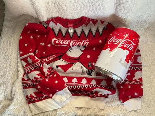 Coca Cola Polar Bear bundle NBW Lg Vintage Christmas Sweater And Tin