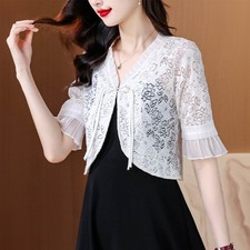 Haut Cardigan Court En Dentelle Manteau Boléro Cape Été Creux Floral Blanc Noir