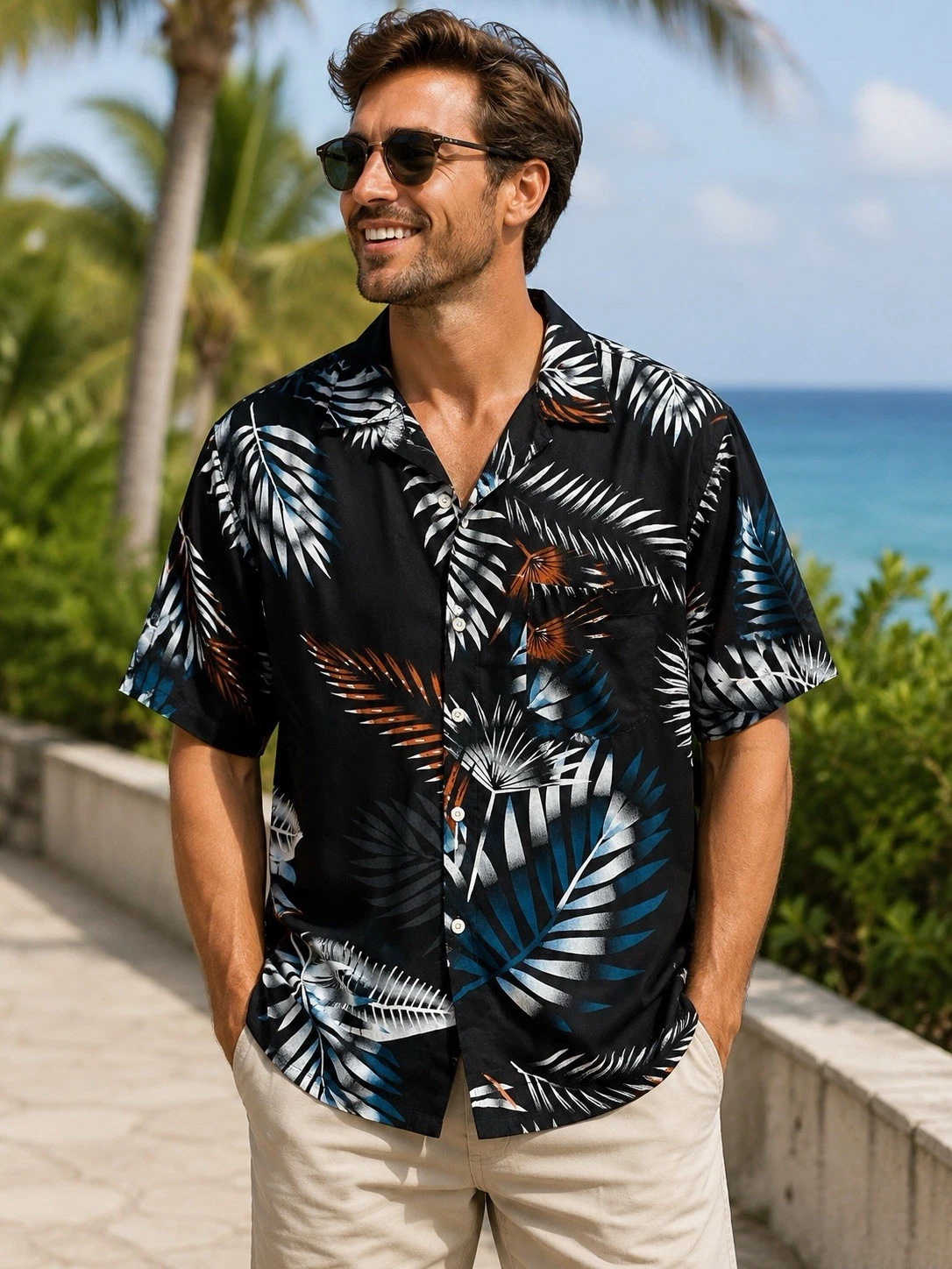 Arizona Jean Co Mens Large Hawaiian Shirt Tropical Palm Leaf Camp Button Up
