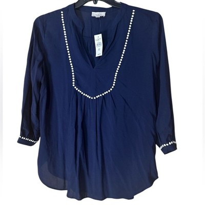 LOFT Deep Blue Blouse White Accents 3/4 Length Sleeve - Size M