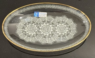 1950s Oval Plate Painted Lace Doily Gold Trim Made In German Democratic Republic
